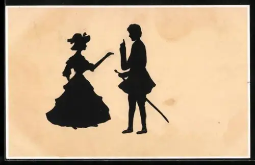 AK Scherenschnitt Herr mit Degen, Dame im Kleid mit Hut