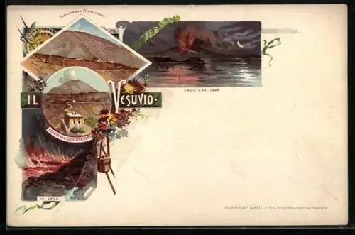 Lithographie Vesuvio, La Lava, Veduta dall'Osservatorio, Funicolare e Restaurant