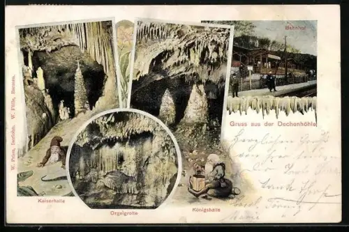 AK Iserlohn, Bahnhof, Kaiserhalle, Orgelgrotte und Königshalle in der Dechenhöhle