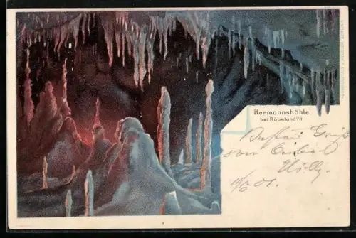 Lithographie Rübeland i. H., Hermannshöhle mit Lichterspiel