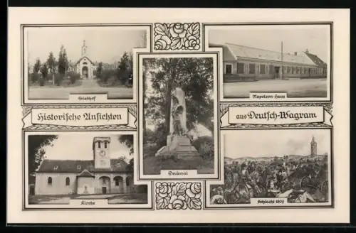 AK Deutsch-Wagram, Napoleon-Haus, Friedhof, Denkmal