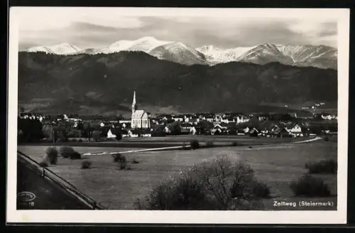 AK Zeltweg, Ortsansicht mit Gebirgspanorama