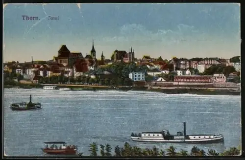 AK Thorn / Torun, Total vom Fluss her, Dampfer
