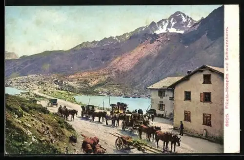 AK Flüela, Ortsansicht mit Postkutsche, Hospiz und Schwarzhorn