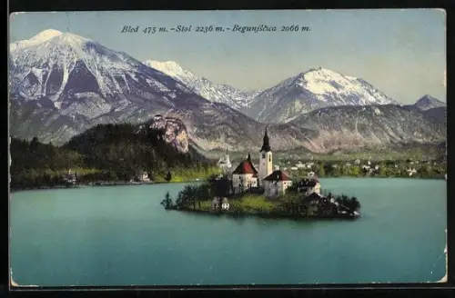 AK Bled / Veldes, Blick zum Ort mit Stol und Begunjscica