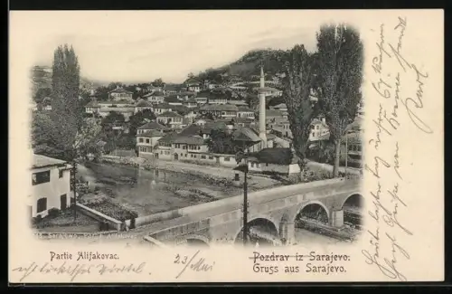AK Sarajewo, Partie Alifakovac, Ortsansicht mit Flussbrücke