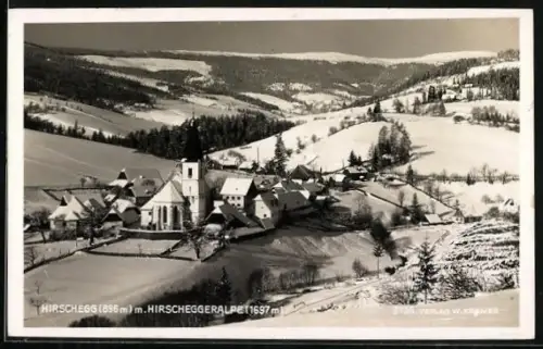 AK Hirschegg, Ortsansicht mit Hirscheggalpe im Winter