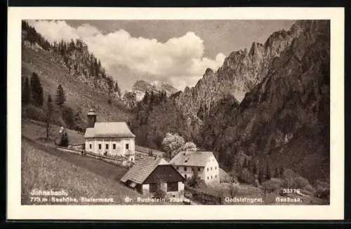 AK Johnsbach, Ortsansicht m. Gr. Buchstein, Oedsteingrat, Gesäuse