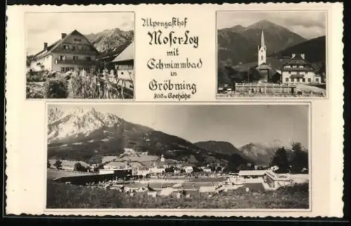 AK Gröbming, Alpengasthof Moser-Loy mit Schwimmbad, Kirche