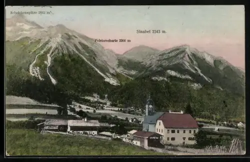 AK Obertraun, Kirche mit Sinabel, Feisterscharte und Scheichenspitze