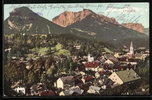 AK Aussee, Totalansicht mit Gebirgspanorama