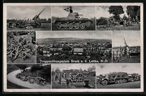 AK Bruck a. d. Leitha, Truppenübungsplatz, Panzer, Soldaten in Uniformen mit Gewehren, LKW mit Kanone