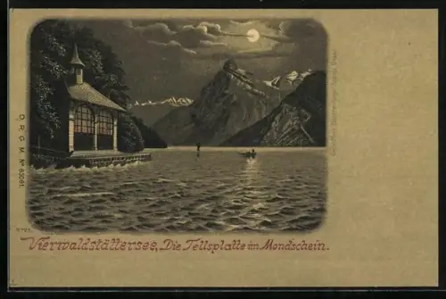 Mondschein-Lithographie Tellskapelle am Vierwaldstättersee, Ansicht mit Tellsplatte bei Vollmond