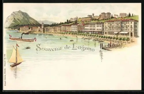 Lithographie Lugano, Hafenpartie mit Hotel Walter
