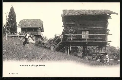 AK Lausanne, Village Suisse, Holzhütte am Hang