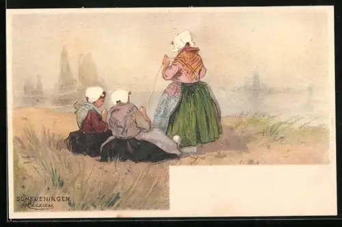 Künstler-AK H. Cassiers: Mädchen stricken gemeinsam am See