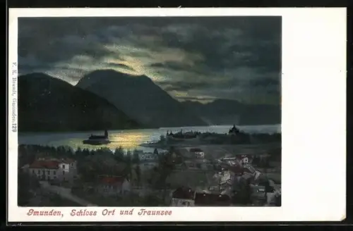 AK Gmunden, Teilansicht mit Schloss Ort und Traunsee