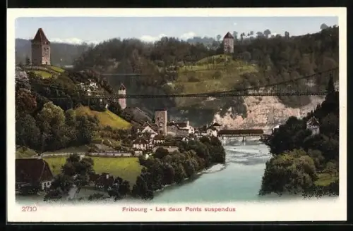AK Fribourg, Les deux Ponts suspendu, Ortsrand mit Brücke
