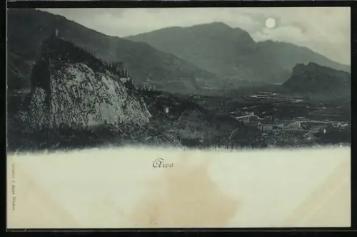 Mondschein-AK Arco, Panorama mit Bergen