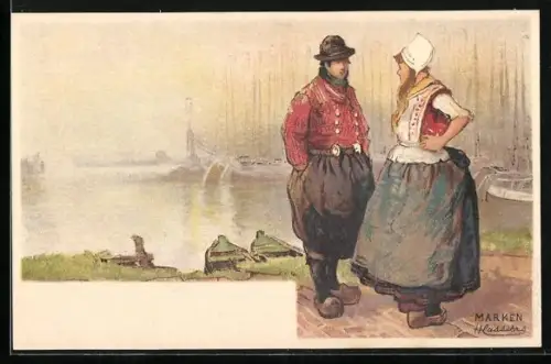 Künstler-AK H. Cassiers: Marken, Frau und Mann in Tracht im Hafen, Schiffe