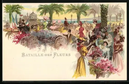 Lithographie Nice, Carnaval, Bataille des Fleurs, Blumenschlacht