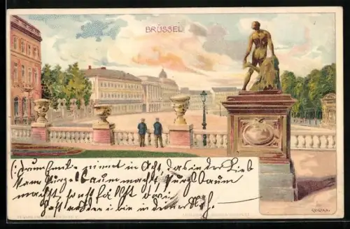 Lithographie Brüssel / Bruxelles, Prachtbauten von einer Brücke aus gesehen