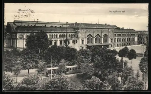 AK Strassburg, Hauptbahnhof mit Strassenbahn