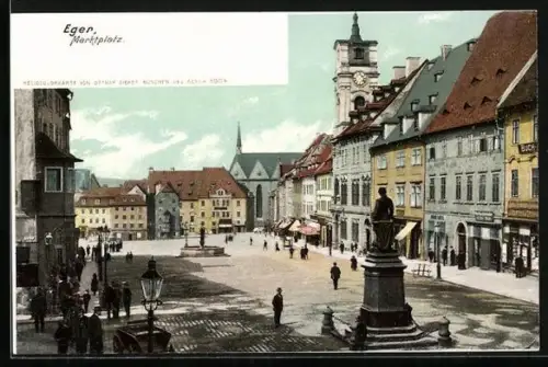 AK Eger, Marktplatz mit Geschäften vom Denkmal aus gesehen
