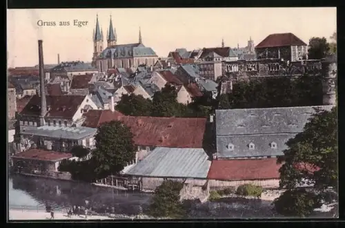 AK Eger, Blick über die Dächer zur Kirche