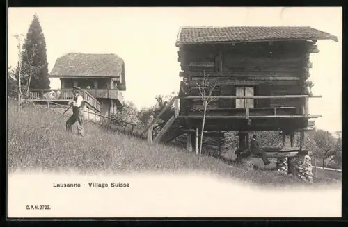 AK Lausanne, Village Suisse, Holzhütte am Hang