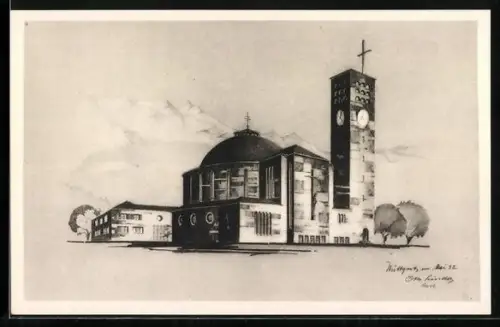 Künstler-AK Bludenz, HI. Kreuzkirche, Entwurf von Architekt Otto Linder