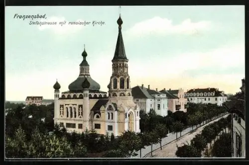 AK Franzensbad, Stefanstrasse mit russischer Kirche