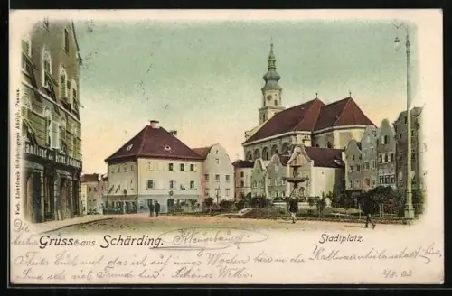 Lithographie Schärding, Blick zum Stadtplatz
