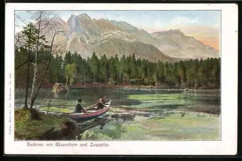 AK Badersee, Uferpartie mit Blick gegen Waxenstein und Zugspitze