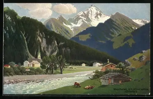 AK Mayrhofen, Panorama mit Ahornspitze, Kühe, Fluss, Kirche