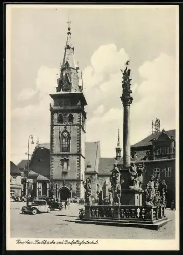 AK Komotau, Ansicht einer Stadtkirche mit Dreifaltigkeitssäule