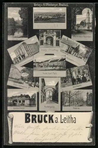 AK Bruck a. Leitha, Schloss Prugg, Pfarrkirche am Hauptplatz, Kaserne, Kirchegasse