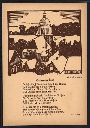 Künstler-AK Ammendorf, Teilansicht mit Kirche, Bleischnitt