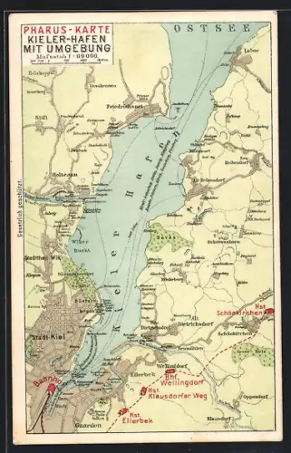 AK Kiel, Pharus-Karte des Kieler-Hafen m. Umgebung
