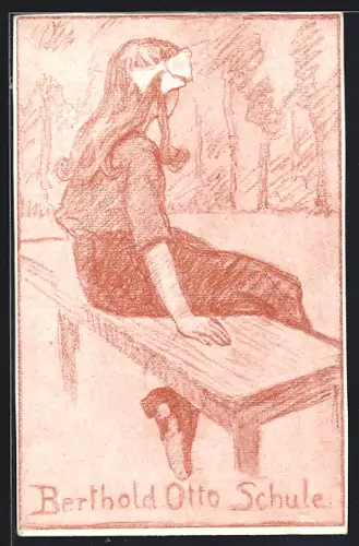 Künstler-AK Berlin-Lichterfelde, Mädchens auf einer Bank der Berthold Otto Schule