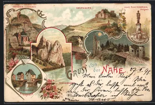 Lithographie Bad Kreuznach, Brückenhäuser, Bismarckdenkmal, Ebernburg