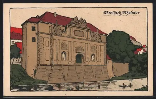 Steindruck-AK Breisach, Rheintor mit Ruderern