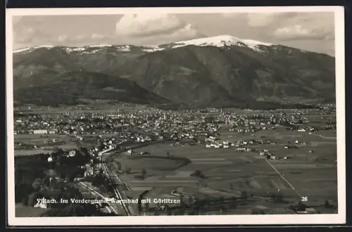 AK Villach, Gesamtansicht von oben, mit Warmbad u. Görlitzen