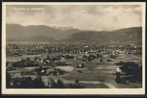 AK Villach, Gesamtansicht mit Mangart aus der Vogelschau