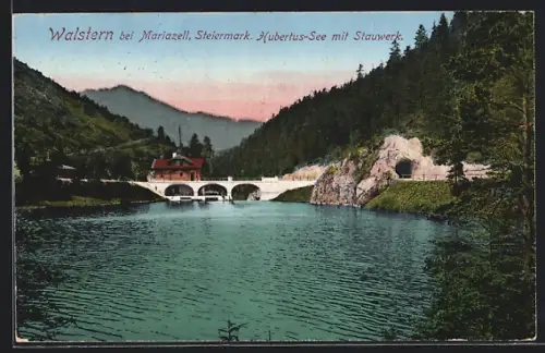 AK Mariazell, Walstern, Hubertus-See mit Stauwerk