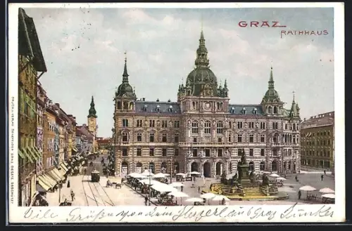 AK Graz, Rathaus, Strassenbahn