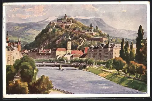 Künstler-AK Graz, Gesamtansicht mit Schlossberg