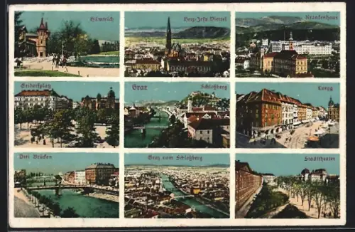 AK Graz, Schlossberg, Krankenhaus und Geidorfplatz