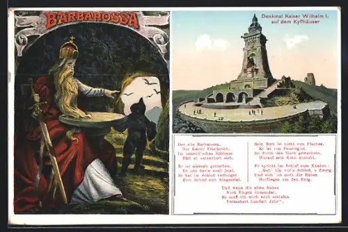 Lithographie Kyffhäuser, Denkmal Kaiser Wilhelm I., Barbarossa-Sage