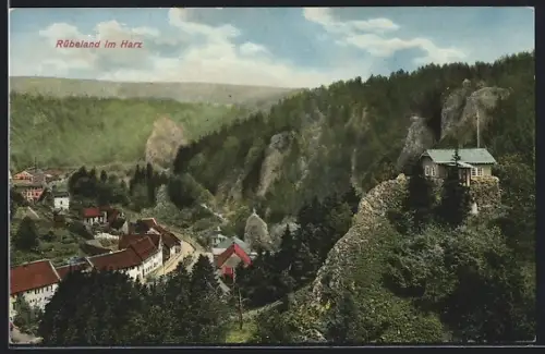 AK Rübeland im Harz, Ortsansicht mit Felsen